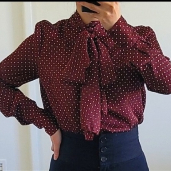 Zara S maroon polka dot blouse with bow - Picture 6 of 6